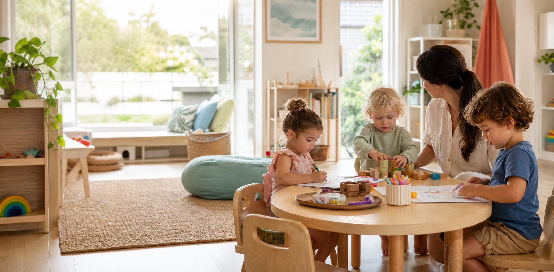 Children enjoying creative play in a warm family day care room