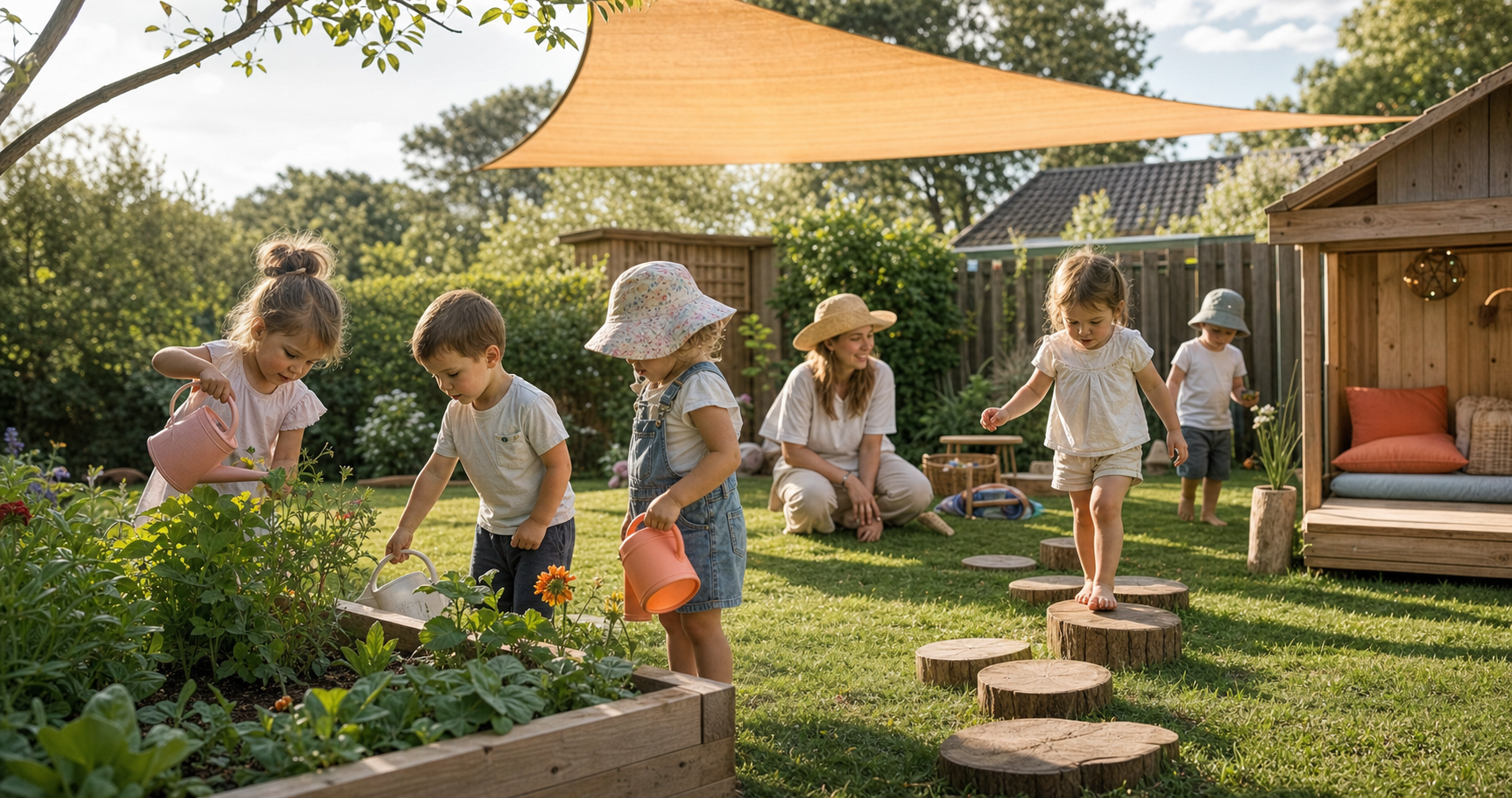 Children exploring a safe leafy backyard play area